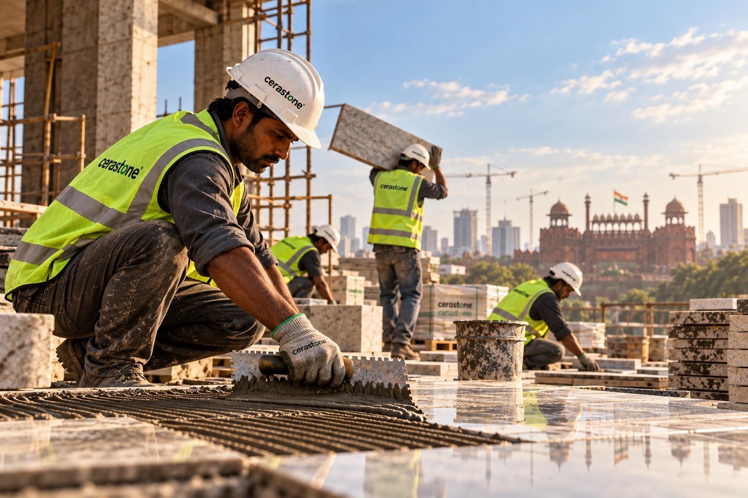 Cerastone crew laying tiles on site